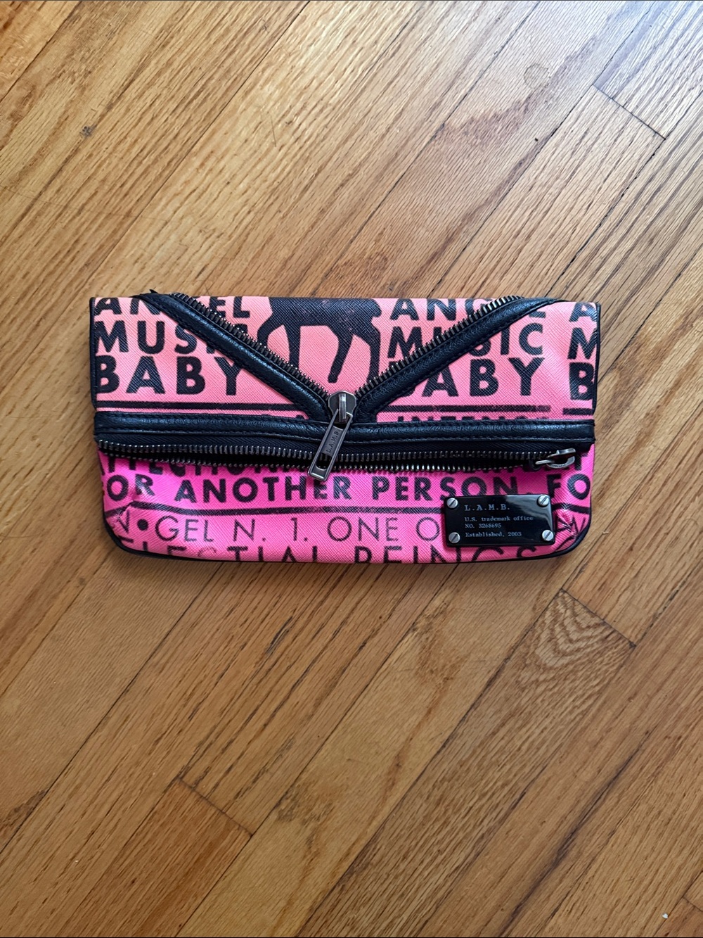 L.A.M.B. Hot Pink and Black Graphic Zip Clutch